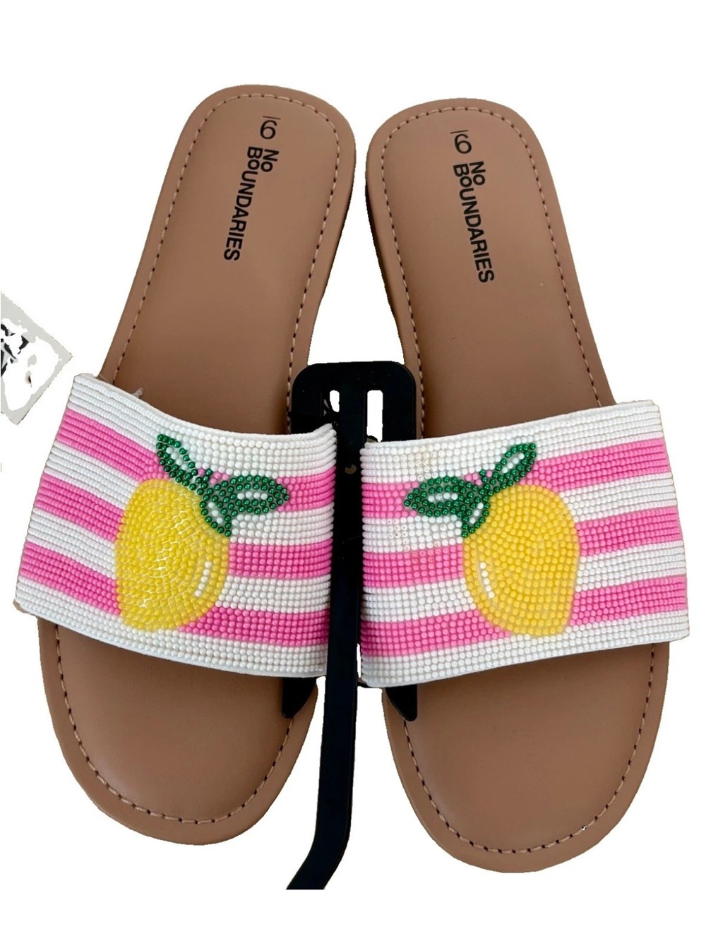 No Boundaries Beaded Lemon Slide Sandals Comfort Size 9 Pink Stripe Summer NWT